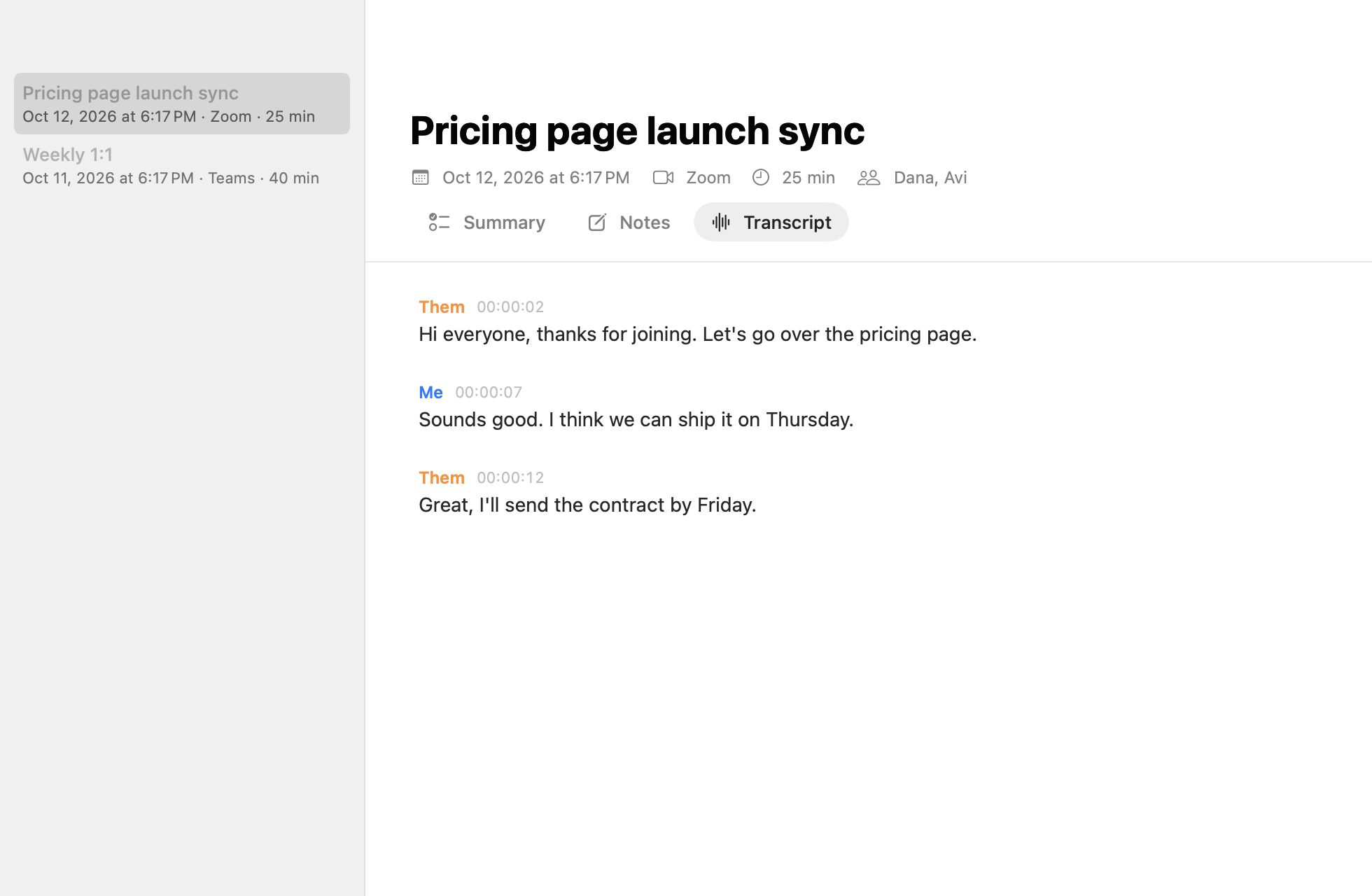 Live transcript with speaker labels and timestamps