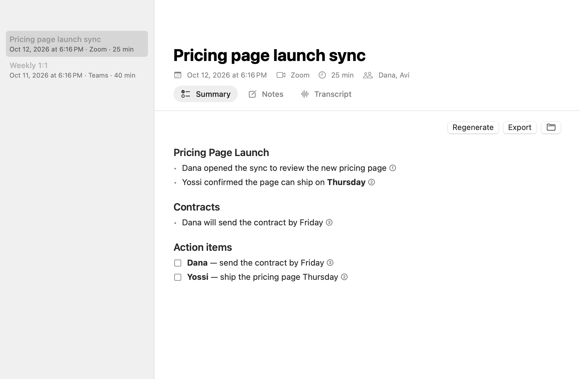 Aftercall meeting page with a summary organized by topic, source links, and action items